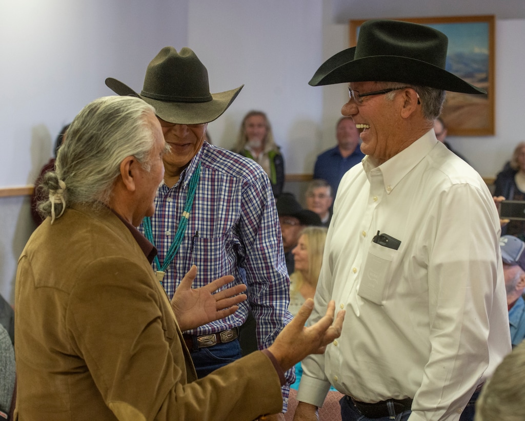 (Rick Egan  | Tribune file photo) In this photograph taken on Jan. 7, 2019, San Juan County Commissioners Willie Grayeyes, left, Kenneth Maryboy, center, and Bruce Adams share a laugh after being sworn in at the San Juan County Courthouse in Monticello.