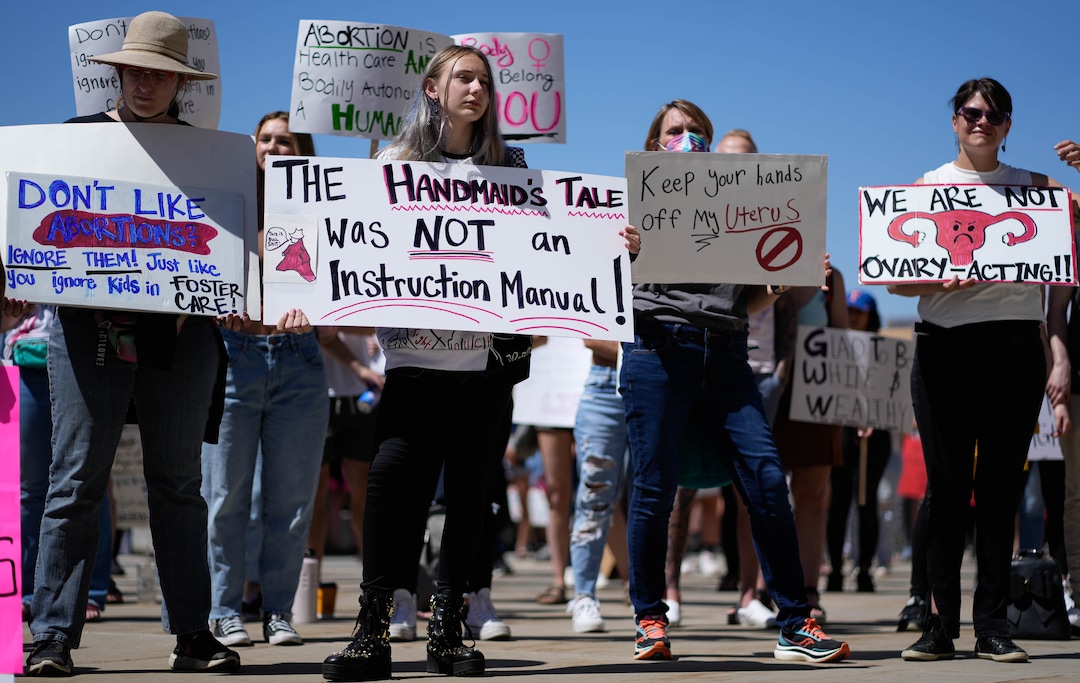 (Francisco Kjolseth | The Salt Lake Tribune) Protesters gather at the Utah Capitol for a “Bans Off Our Beehive” rally in support of abortion rights on Saturday, May 14, 2022.