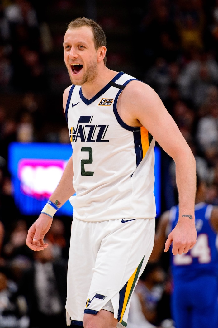 (Trent Nelson  |  The Salt Lake Tribune) Utah Jazz forward Joe Ingles (2) celebrates a double-digit lead in the fourth quarter as the Utah Jazz host the Sacramento Kings, NBA basketball in Salt Lake City on Saturday, Jan. 18, 2020.
