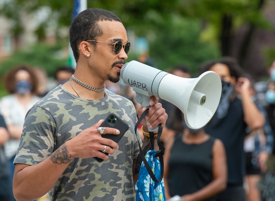 (Rick Egan  |  The Salt Lake Tribune) John Sullivan speaks during a demonstration against police brutality at Pioneer Park on Saturday, June 13, 2020.