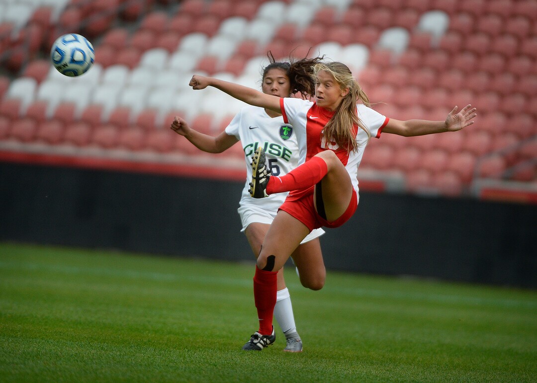 (Scott Sommerdorf   |  The Salt Lake Tribune)   American Forks' Ragan Fuller makes a kick during first half play. Syracuse led American Fork 1-0 at the half, but the Cavemen came back to win 3-1in the 6A championship game played at Rio Tinto, Friday, October 20, 2017. 