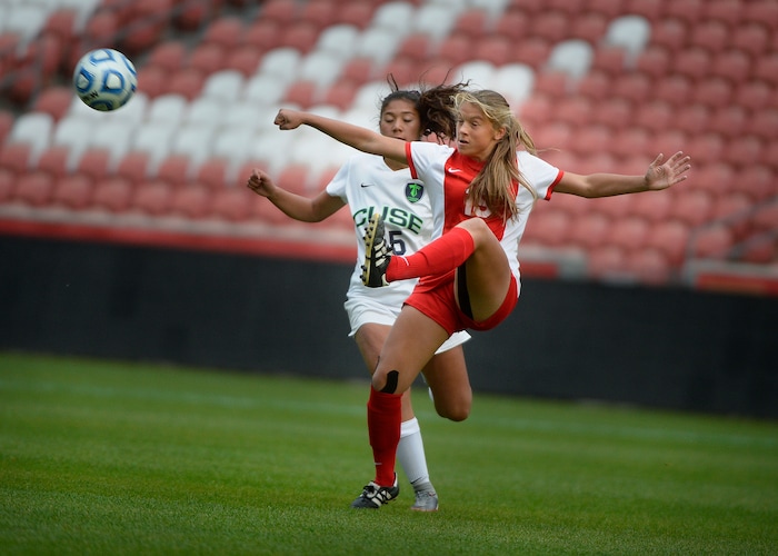 (Scott Sommerdorf   |  The Salt Lake Tribune)   American Forks' Ragan Fuller makes a kick during first half play. Syracuse led American Fork 1-0 at the half, but the Cavemen came back to win 3-1in the 6A championship game played at Rio Tinto, Friday, October 20, 2017. 