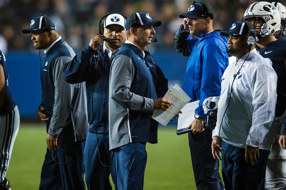 (Chris Detrick  |  The Salt Lake Tribune)  Brigham Young Cougars head coach Kalani Sitake and Offensive Coordinator and Quarterbacks Coach Ty Detmer during the game LaVell Edwards Stadium Friday, October 6, 2017. Boise State Broncos defeated Brigham Young Cougars 24-7.