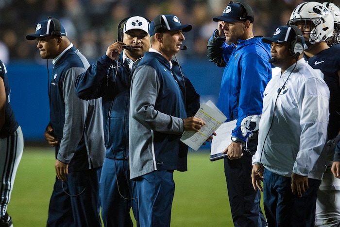 (Chris Detrick  |  The Salt Lake Tribune)  Brigham Young Cougars head coach Kalani Sitake and Offensive Coordinator and Quarterbacks Coach Ty Detmer during the game LaVell Edwards Stadium Friday, October 6, 2017. Boise State Broncos defeated Brigham Young Cougars 24-7.