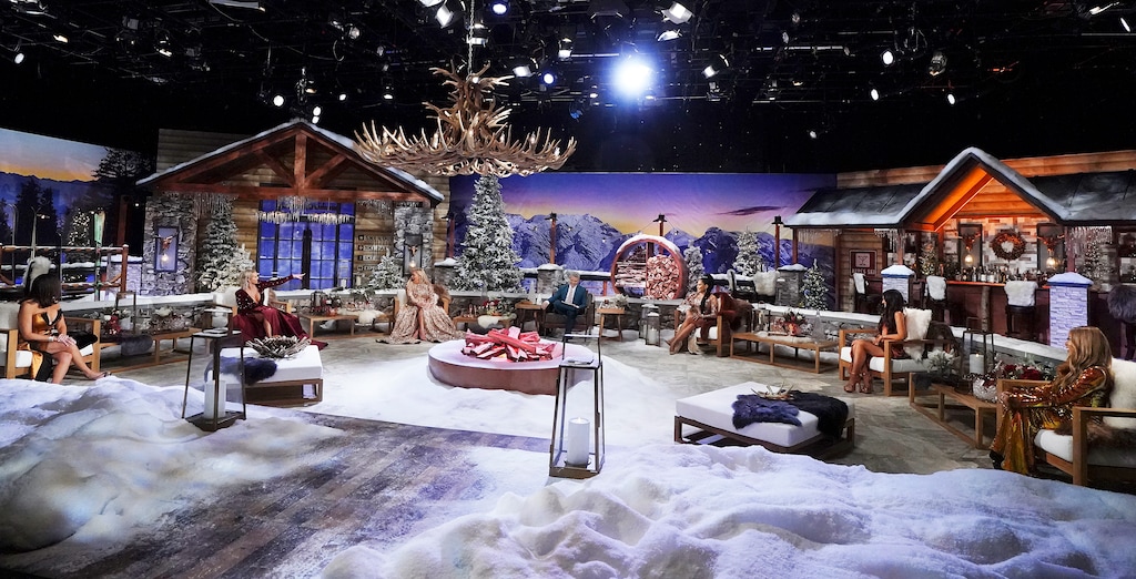 (Photo courtesy of Heidi Gutman/Bravo) Whitney Rose, Heather Gay, Andy Cohen, Jen Shah, Lisa Barlow and Mary Cosby socially distanced at the "Real Housewives of Salt Lake City" reunion.