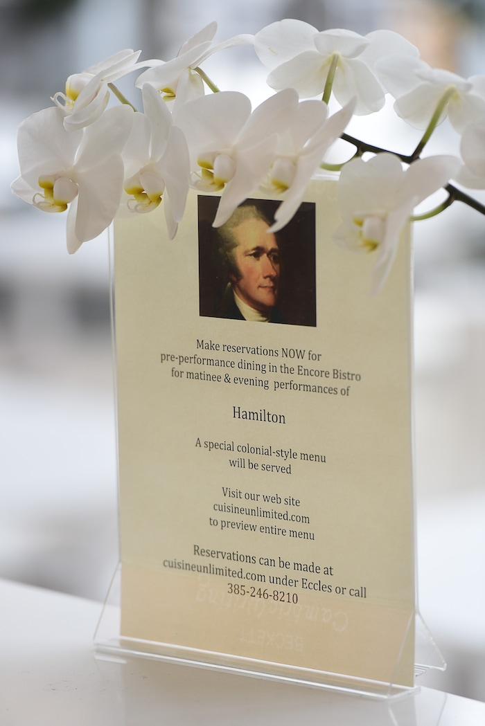 (Francisco Kjolseth  |  The Salt Lake Tribune)   The Encore Bistro at Eccles Theater is serving a menu of "Hamilton" era-inspired food, such as pumpkin soup, bourbon glazed short ribs and acorn squash with wild rice. Cuisine Unlimited, the SLC company that does the theater's concessions, also has special-ordered The Federalist wines, which have Alexander Hamilton on the label.