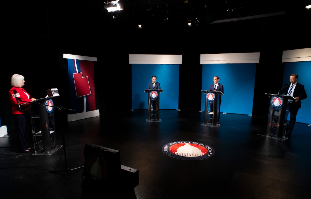 (Rick Egan  |  The Salt Lake Tribune)   Candidates meet for a 2nd Congressional District debate between J. Robert Latham (L), Chris Stewart (R) and Kael Weston (D), moderated by Pat Jones, at KSL Studio in Salt Lake City, on Monday, October 19, 2020