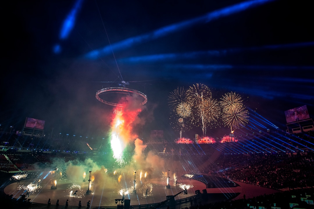 (Chris Detrick  |  The Salt Lake Tribune)  Fireworks explode during the Pyeongchang 2018 Winter Olympics opening ceremony at Olympic Stadium Friday, February 9, 2018.  