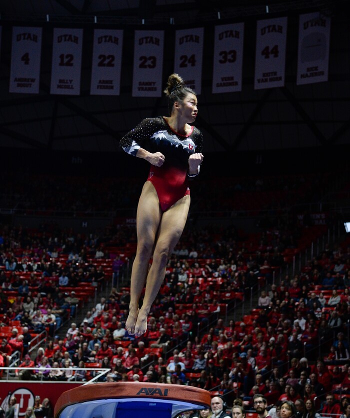(Francisco Kjolseth  |  The Salt Lake Tribune)  Kari Lee soars through the air for the vault as Utah hosts Penn State in their season opener at the Huntsman Center in Salt Lake City on Saturday, Jan. 5, 2019.
