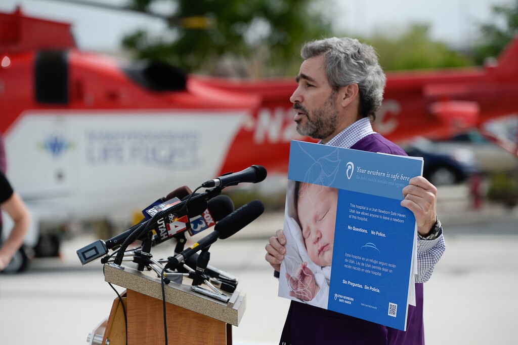 (Francisco Kjolseth | Tribune file photo) Nurse Alfred Romeo of the Utah Department of Health discusses the Utah Newborn Safe Haven Law during a news conference at IMC-Murray hospita, Aug. 26, 2014, to answer questions regarding the incident in Kearns of a newborn being left in a trash can by the mother. Officials discussed resources and options available that could help avoid a repeat incident in the future.