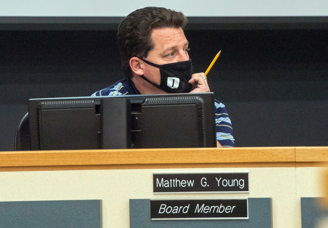 (Rick Egan  |  The Salt Lake Tribune)   Mathew Young asks a questions during the Jordan School Board meeting, discussing the Covid-19 cases at Riverton High School, onWednesday, Sept. 16, 2020.