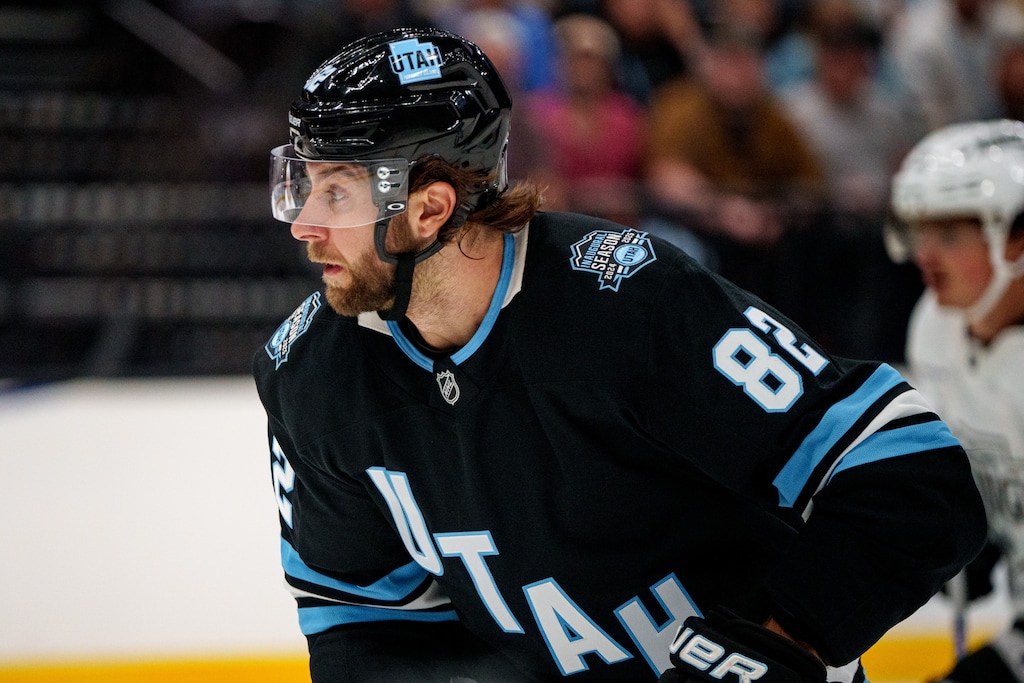 (Trent Nelson  |  The Salt Lake Tribune) Utah Hockey Club forward Kevin Stenlund (82) as Utah Hockey Club hosts the Los Angeles Kings, NHL pre-season hockey in Salt Lake City on Monday, Sept. 23, 2024.