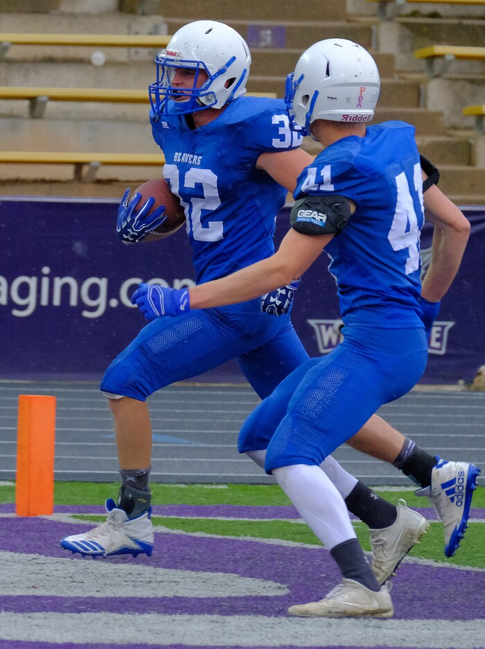 (Leah Hogsten  |  The Salt Lake Tribune) Beaver's Tyce Raddon runs in a touchdown. Beaver High School boys' football team defeated Delta High School 35-16 during their class 2A state semifinal football game Saturday, November 4, 2017 at Weber State University's Stewart Stadium.