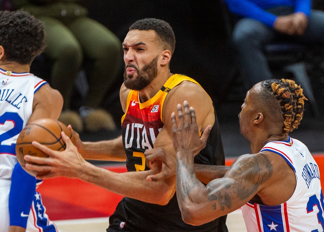(Rick Egan | The Salt Lake Tribune) Utah Jazz center Rudy Gobert (27) is fouled by Philadelphia 76ers center Dwight Howard (39), in NBA action between the Utah Jazz and the Philadelphia 76ers at Vivint Arena, on Monday, Feb. 15, 2021.