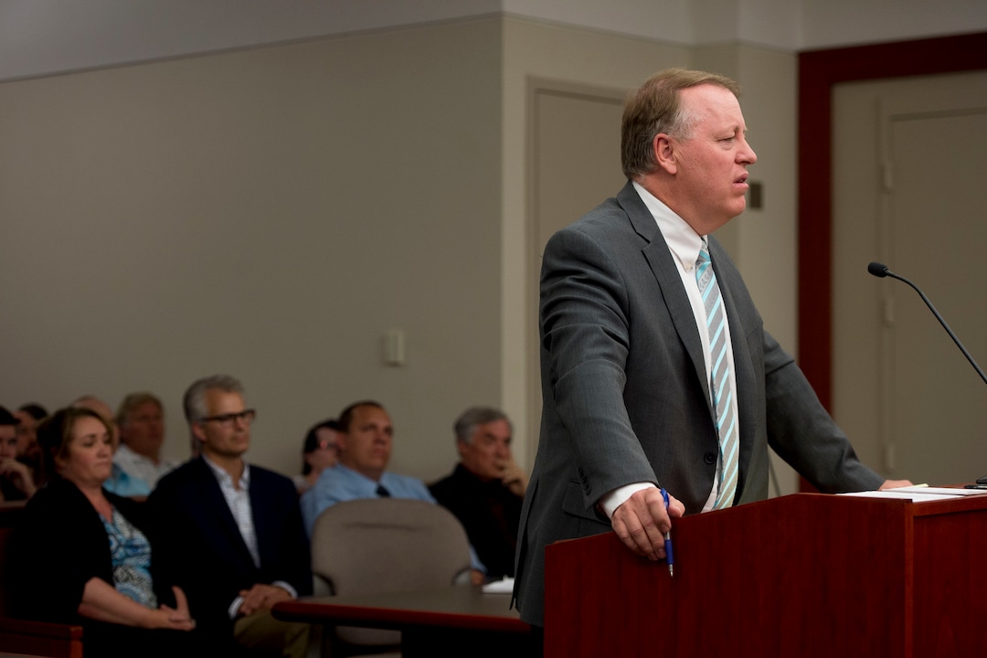 (Jeremy Harmon  |  The Salt Lake Tribune) With members of the UEP board behind him, Zach Shields addresses the court during a UEP hearing in Salt Lake City on Tuesday, June 18, 2019. 