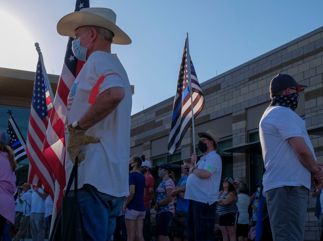 (Leah Hogsten  |  The Salt Lake Tribune) Supporters for Blue Lives Matter and the Cottonwood Heights Police Department attended FridayÕs Black Lives Matter rally. Five days after after nine protesters were arrested during a peaceful rally in memory of Zane James that turned into a violent clash with Cottonwood Heights officers, demonstrators gathered outside the police station Friday to denounce CHPDÕs actions and its officers for inciting the violence.