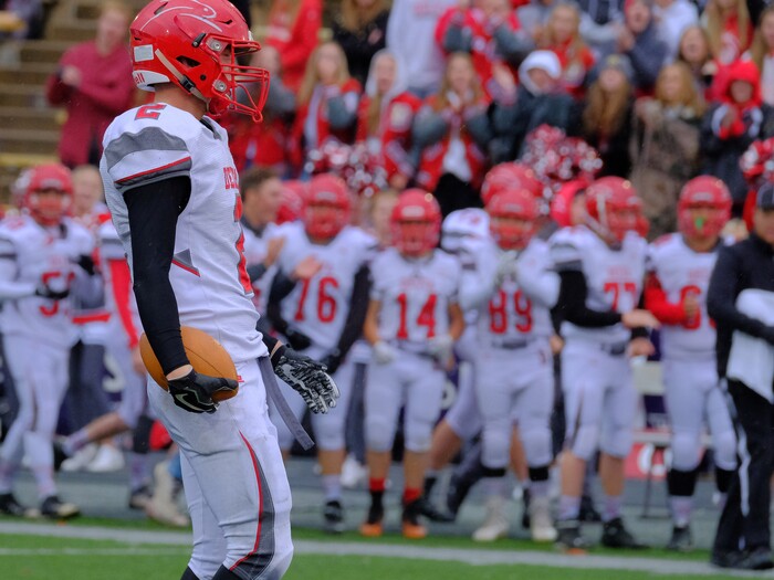 (Leah Hogsten  |  The Salt Lake Tribune) Delta's Trevor Burton celebrates after picking up Beaver's fumble. Beaver High School boys' football team defeated Delta High School 35-16 during their class 2A state semifinal football game Saturday, November 4, 2017 at Weber State University's Stewart Stadium.