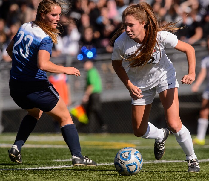 (Trent Nelson | The Salt Lake Tribune)  American Fork's Jamie Shepherd (22) during the Class 6A girls' soccer state semifinal between American Fork and Layton in Draper, Tuesday October 17, 2017.
