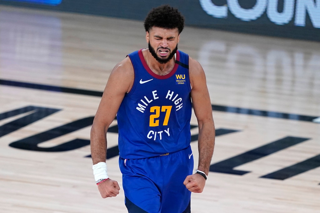 (Ashley Landis | AP) Denver Nuggets' Jamal Murray reacts after making a 3-pointer against the Utah Jazz during the second half of an NBA basketball first round playoff game Sunday, Aug. 30, 2020, in Lake Buena Vista, Fla.