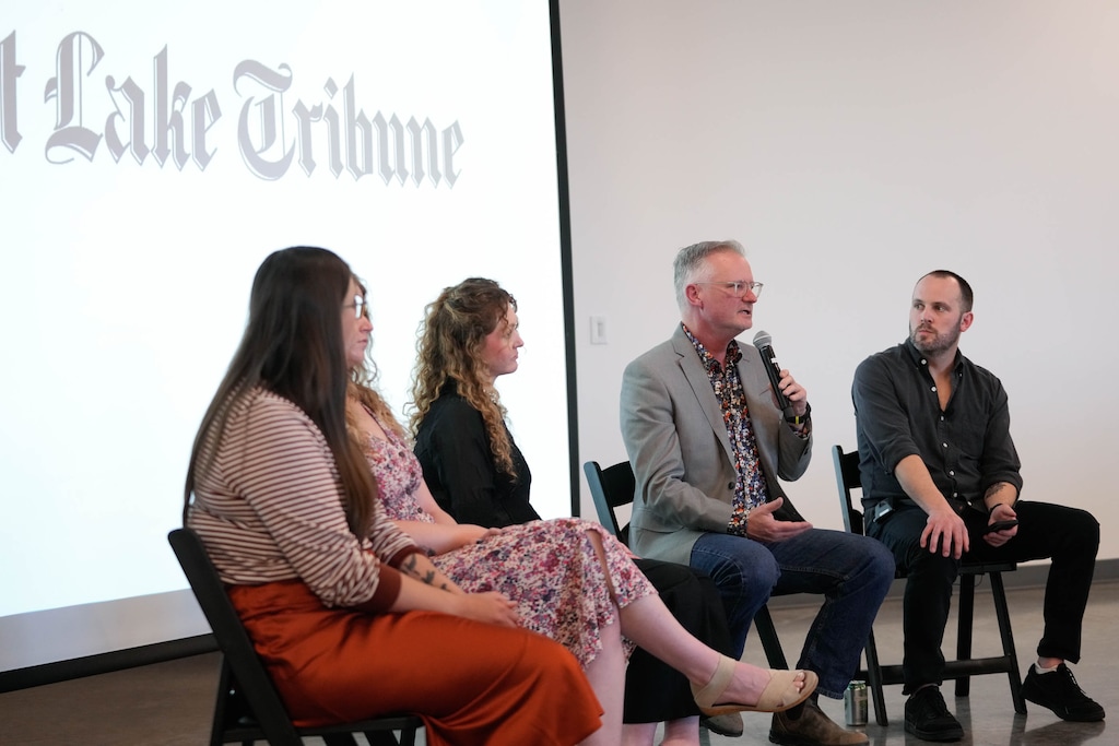 (Francisco Kjolseth | The Salt Lake Tribune) The Salt Lake Tribune politics team and other Tribune reporters host a review of the past legislative session and a look into the upcoming election session at the SpyHop Rooftop on Wednesday, March 25, 2026. The panel introduced by Lauren Gustus and Sheila McCann featured Courtney Tanner, Addy Baird, Emily Anderson Stern, Robert Gehrke and editor Jeff Parrott, from left.