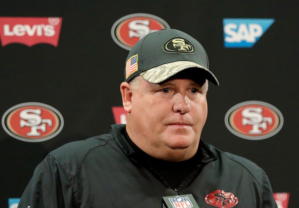 FILE- In this Jan. 1, 2017, file photo, San Francisco 49ers coach Chip Kelly speaks at a news conference after the team's NFL football game against the Seattle Seahawks in Santa Clara, Calif. A person familiar with the situation says Florida has met with Kelly about becoming the team’s next football coach. The person says athletic director Scott Stricklin and five key staffers met with Kelly in New Hampshire on Sunday, Nov. 19. (AP Photo/Marcio Jose Sanchez, File)