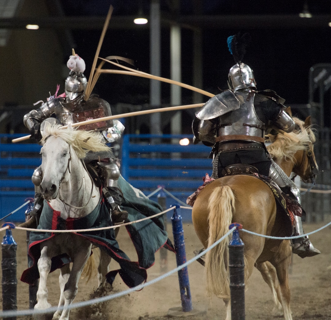 (Rick Egan  |  The Salt Lake Tribune)      Charlie Andrews competes against Eddie the "Hit Man” Rigney in the Knights of Mayhem jousting competition, at the Utah State Fair, Thursday, Sept. 6, 2018.