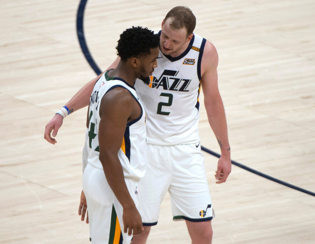 (Rick Egan | The Salt Lake Tribune) Utah Jazz forward Joe Ingles (2) talks to Utah Jazz guard Donovan Mitchell (45) during a time out, in NBA action between the Utah Jazz and the LA Clippers at Vivint Arena, on Friday, Jan. 1, 2021.