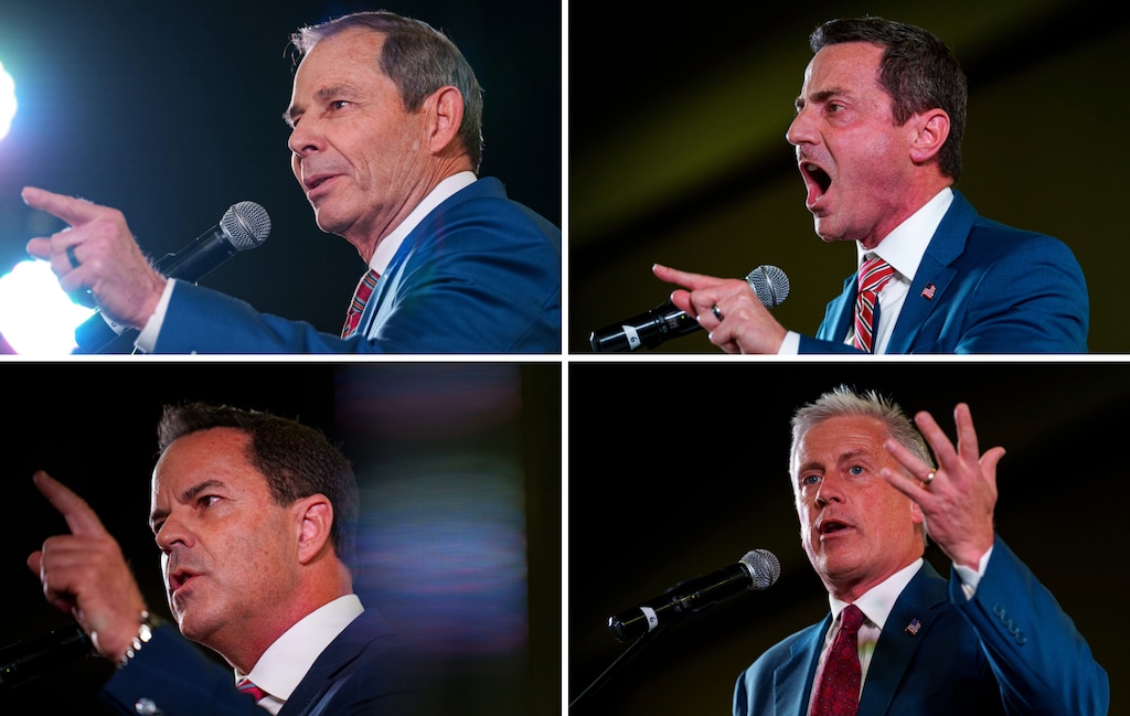 (Trent Nelson | The Salt Lake Tribune) Clockwise from top left: John Curtis, Trent Staggs, Jason Walton and Brad Wilson, candidates for the GOP nomination for U.S. Senate.