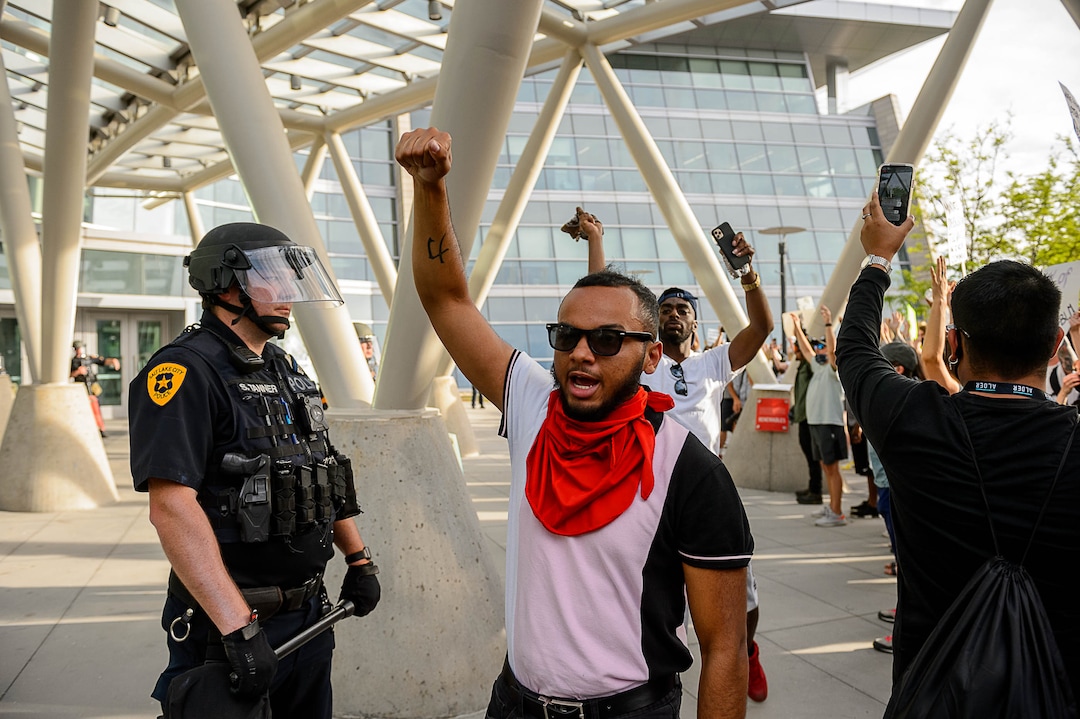 (Trent Nelson  |  The Salt Lake Tribune) Protesters in front of the Public Safety Building during a protest against police brutality in Salt Lake City on Monday, June 1, 2020.