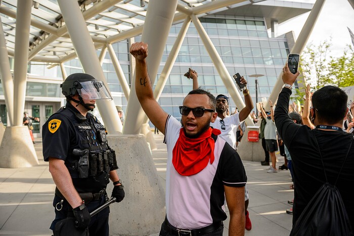 (Trent Nelson  |  The Salt Lake Tribune) Protesters in front of the Public Safety Building during a protest against police brutality in Salt Lake City on Monday, June 1, 2020.