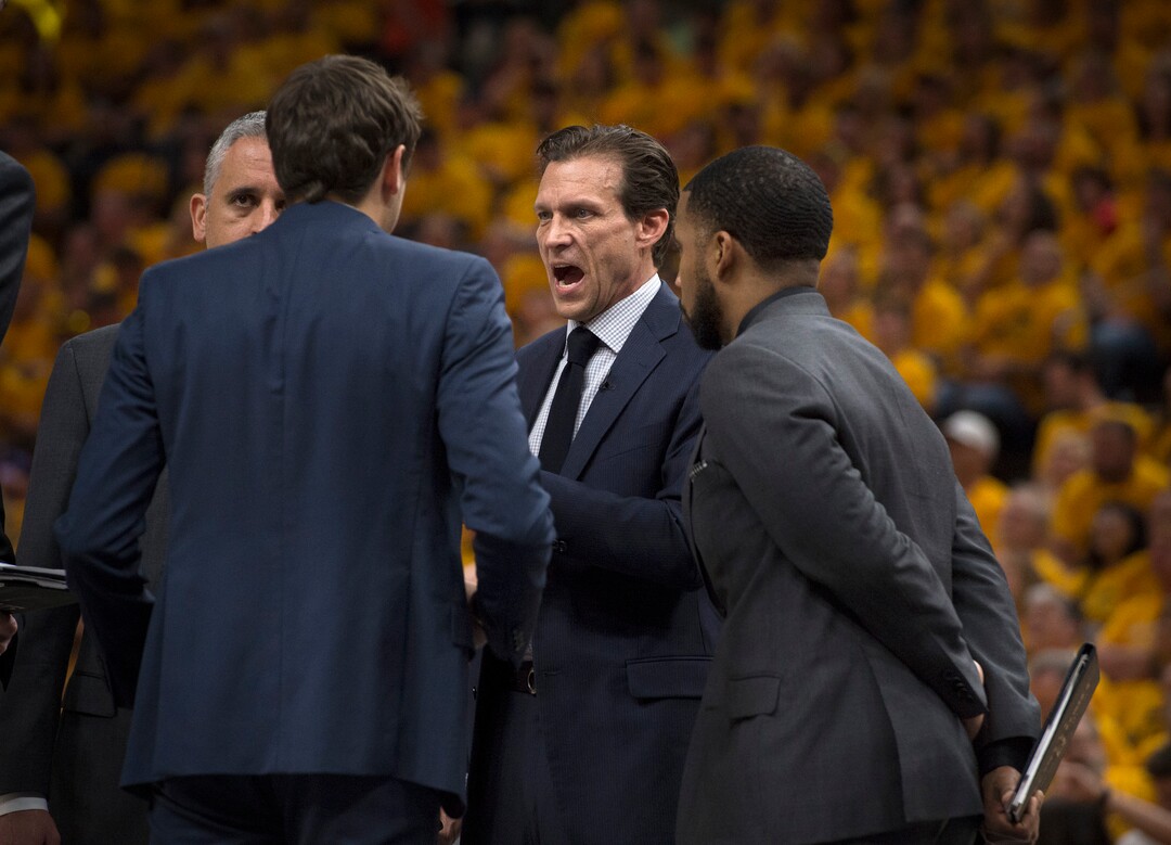 (Scott Sommerdorf | The Salt Lake Tribune)Utah Jazz head coach Quin Snyder talks with assistant coaches during a first half time out. The Thunder led the Jazz 22-18 at the end of the 1st quarter during Game 6 of the first round playoff game, Friday, April 27, 2018.