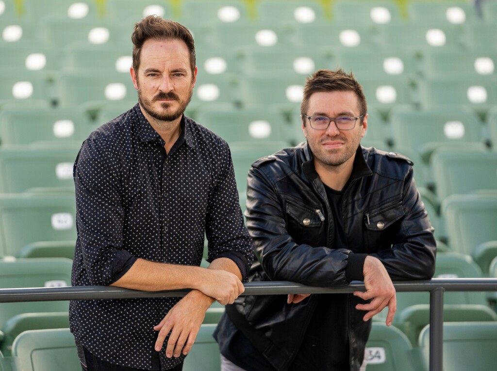 (Rick Egan | The Salt Lake Tribune) "The Good Shepherds" creator David Nolan, left, and director Chris Metz at the Syracuse Arts Academy Amphitheater, on Friday, Aug. 12, 2022.