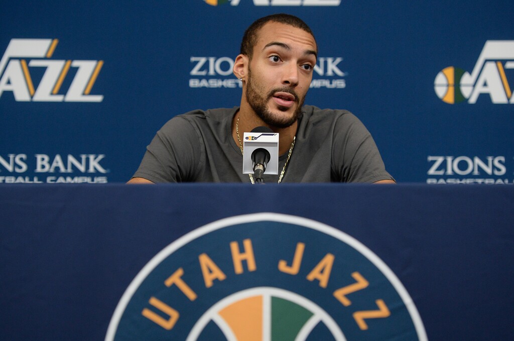 (Francisco Kjolseth  |  The Salt Lake Tribune)  Rudy Gobert of the Utah Jazz speaks with the media following their season-ending game at the team practice facility on Thursday, April 25. 2019.