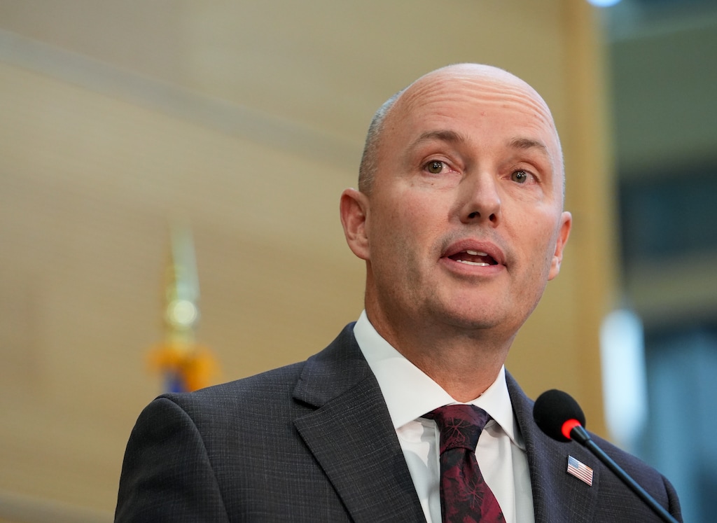 (Chris Samuels | The Salt Lake Tribune) Gov. Spencer Cox makes remarks during a news conference announcing an arrest of a suspect in the Wednesday shooting death of Charlie Kirk at Utah Valley University in Orem, Friday, Sept. 12, 2025.