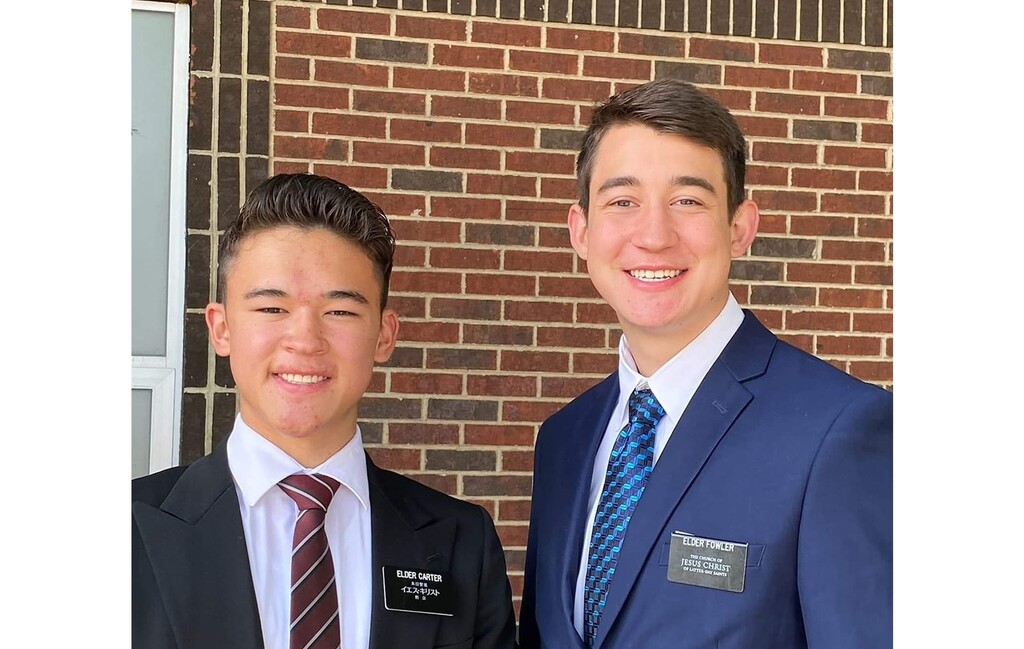 (The Church of Jesus Christ of Latter-day Saints) Elders Luke Carter, 18, of Springville, left, and Eli Fowler, 20, of Pueblo West, Colo., were killed in a car crash, in Denton, Texas on Tuesday, May 18, 2021.