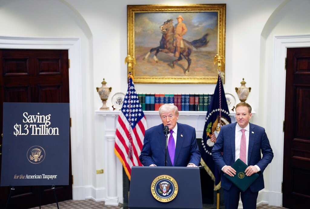 (Tierney L. Cross | The New York Times) President Donald Trump and Lee Zeldin, the EPA administrator, make an announcement on greenhouse gas  regulation in the Roosevelt Room of the White House in Washington, on Thursday, Feb. 12, 2026. President Trump on Thursday announced he was erasing the scientific finding that climate change endangers human health and the environment, ending the federal government’s legal authority to control the pollution that is dangerously heating the planet.