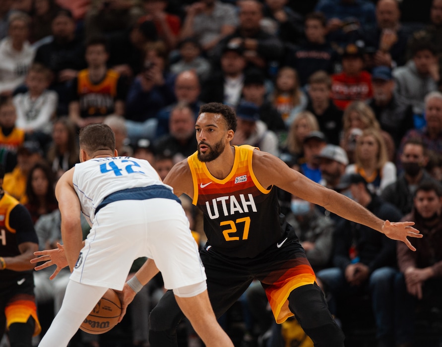 (Rachel Rydalch | The Salt Lake Tribune) Rudy Gobert sets up for defense vs the Dallas Mavericks in the Vivint arena in Salt Lake City on Friday, Feb. 25, 2022.