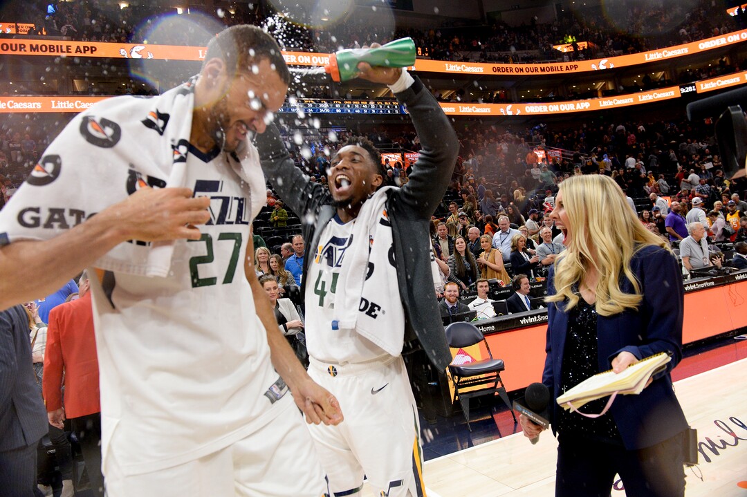 Leah Hogsten  |  The Salt Lake Tribune  Utah Jazz guard Donovan Mitchell (45) drenches Utah Jazz center Rudy Gobert (27) after the game. The Utah Jazz defeated the Atlanta Hawks, 128-112  at Vivint Smart Home Arena, Feb. 1, 2019. 