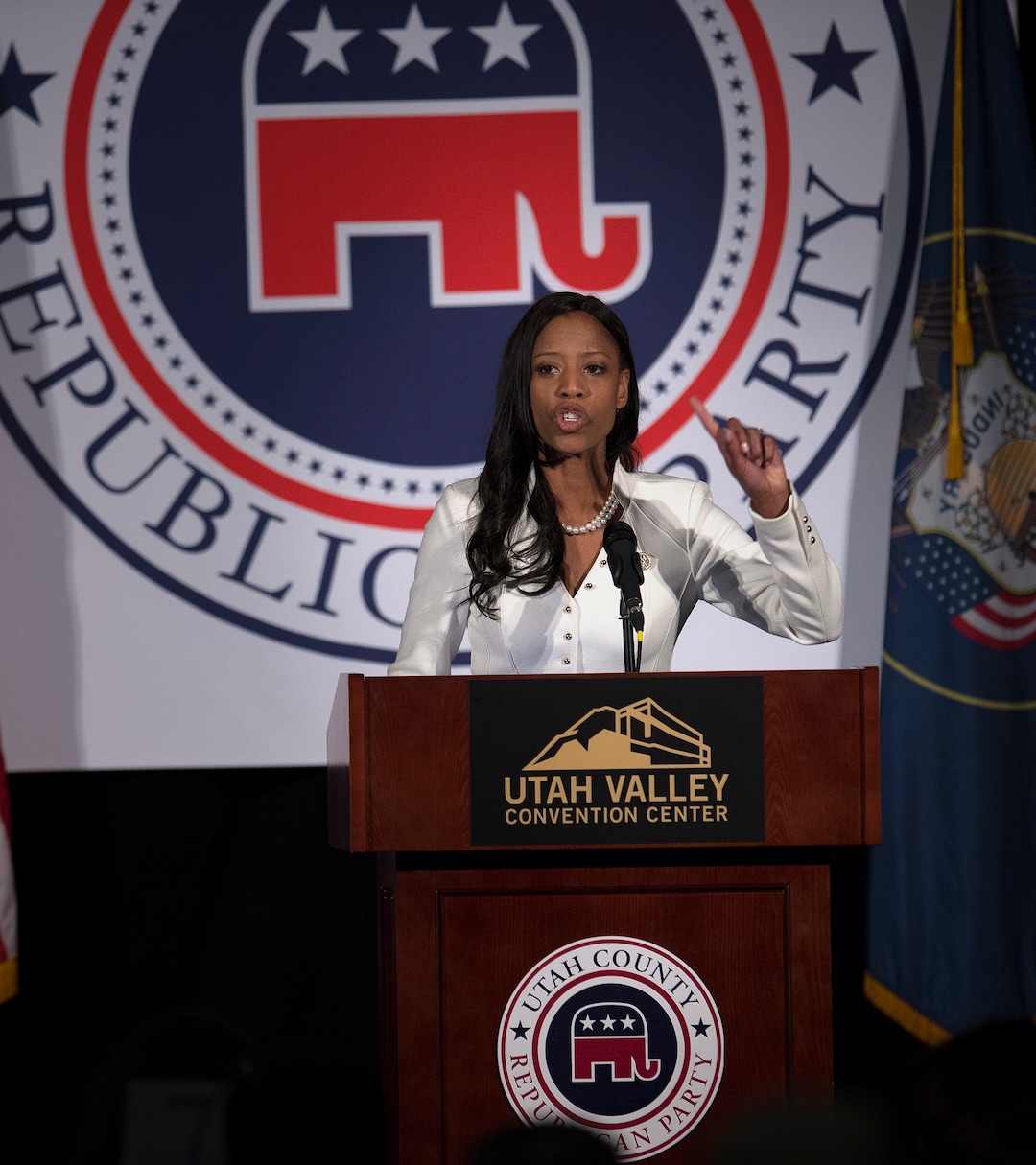 Scott Sommerdorf | The Salt Lake TribuneUtah Representative Mia Love, R-Utah, speaks at the 2018 Utah County Republican Party Lincoln Day Dinner.
