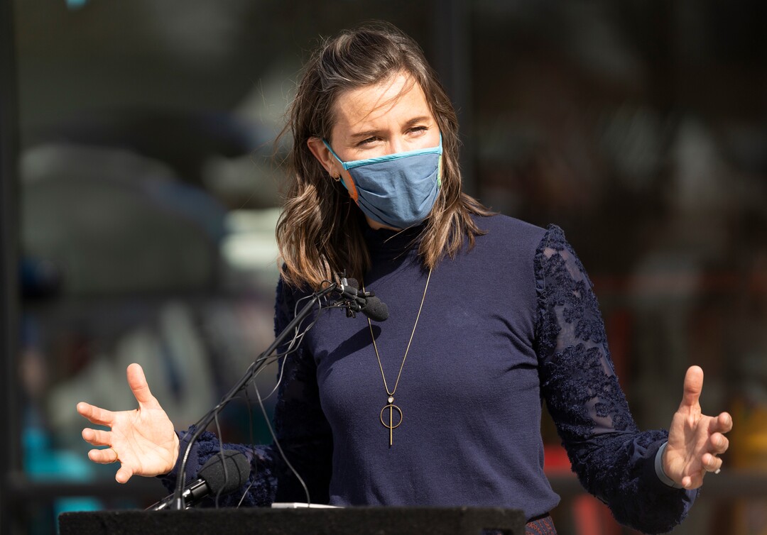 (Rick Egan | The Salt Lake Tribune) Salt Lake City Mayor Erin Mendenhall  encourages citizens to keep wearing masks, after the state mask mandate ends, during a news conference in front of  Santo Taco shop, Friday, March 19, 2021.