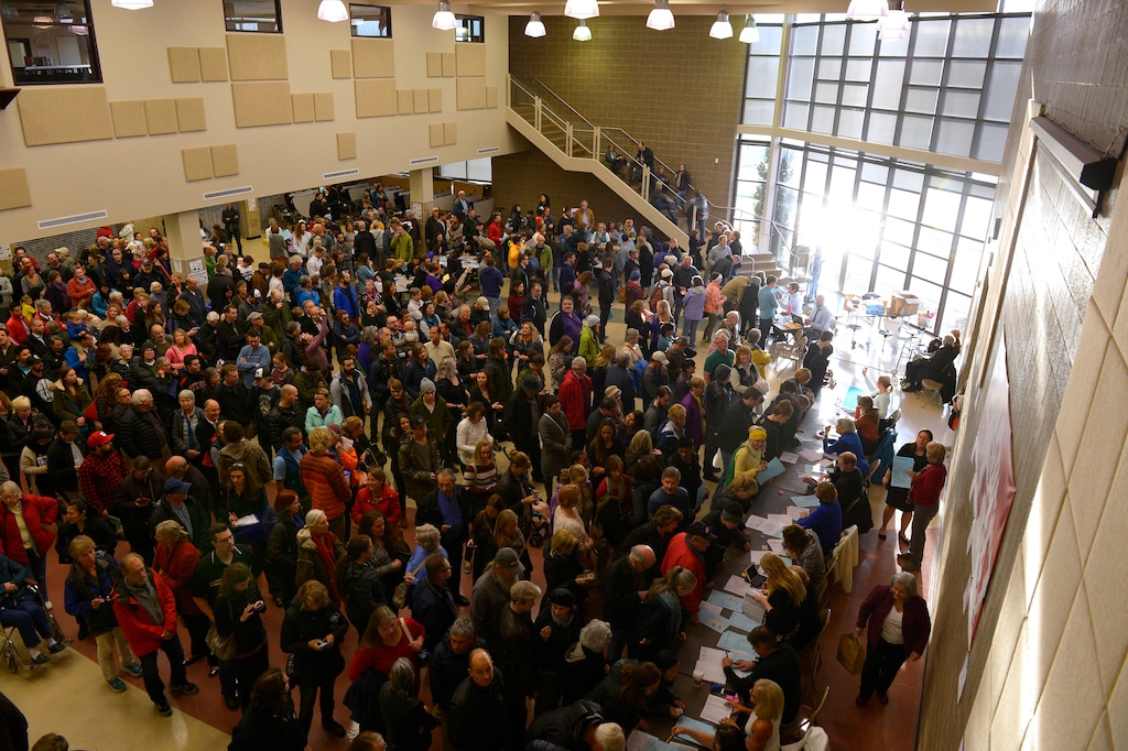 Leah Hogsten  |  The Salt Lake TribuneLines and wait times were long at the Democratic caucus at Clayton Middle School as both registered party members and unaffiliated voters cast their ballots, Tuesday, March 22, 2016.