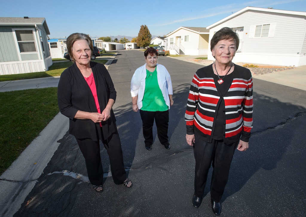 (Steve Griffin  |  The Salt Lake Tribune)  Applewood homeowners vice president, Lisa Marquardt, treasurer Merridy Bagley and president Shirlene Stoven, at their manufactured home community in Midvale, Utah Thursday, Oct. 19, 2017. They are seeking to buy the land the community sits on.
