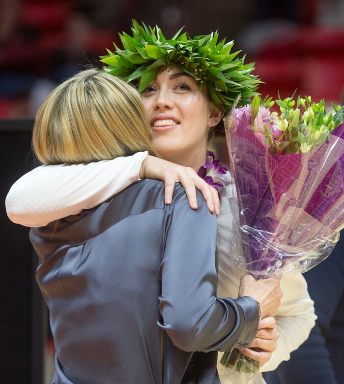 (Rick Egan  |  The Salt Lake Tribune)      Utah senior, Wendy Anae gets a hug from Utah Utes head coach Lynne Roberts, on senior night, at the Jon M. Huntsman Center, Sunday, Feb. 18, 2018.