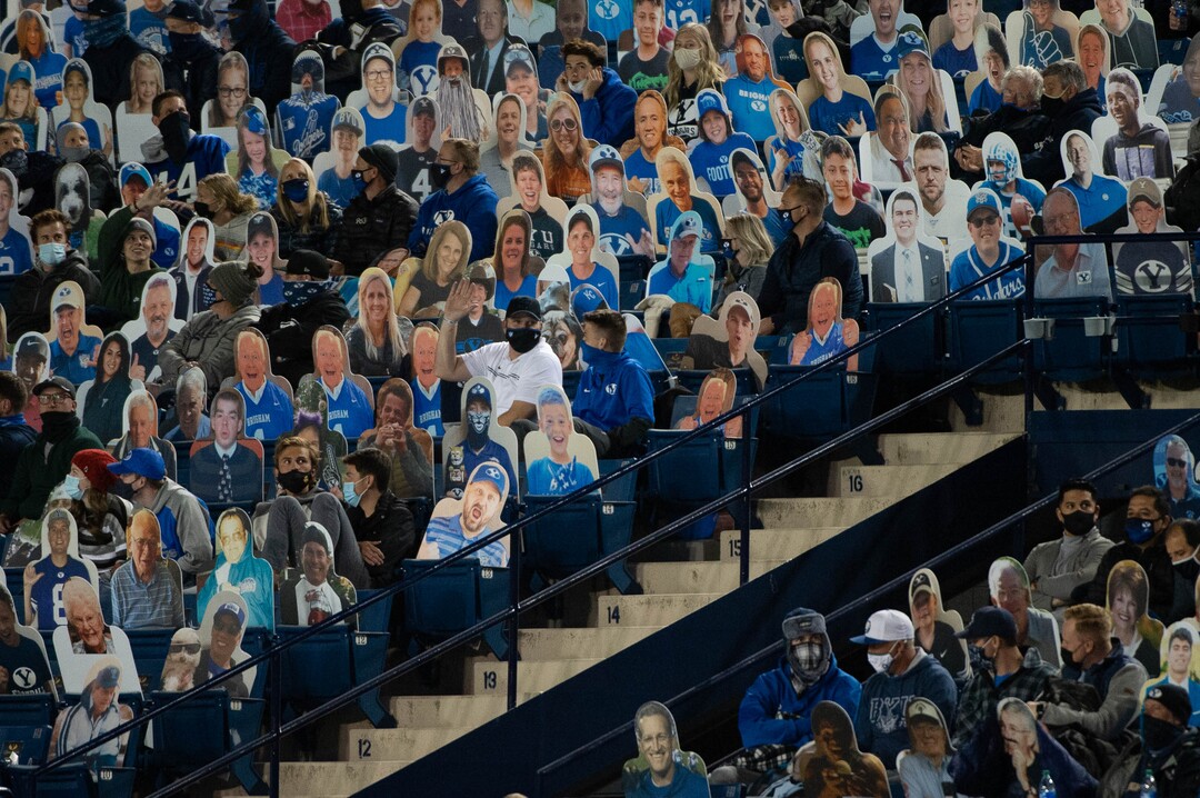 (Francisco Kjolseth  |  The Salt Lake Tribune) A few BYU fans join the cutouts during the game with limited fans in attendance against Texas State during an NCAA college football game at LavVell Edwards Stadium, Saturday, oct. 24, 2020, in Provo, Utah.