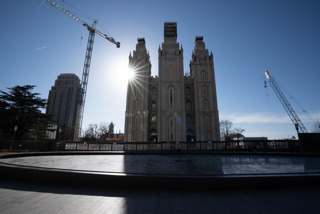 (Francisco Kjolseth  | The Salt Lake Tribune) Work continues on the Salt Lake Temple of The Church of Jesus Christ of Latter-day Saints during its renovation in Salt Lake City on Friday, April 2, 2021.