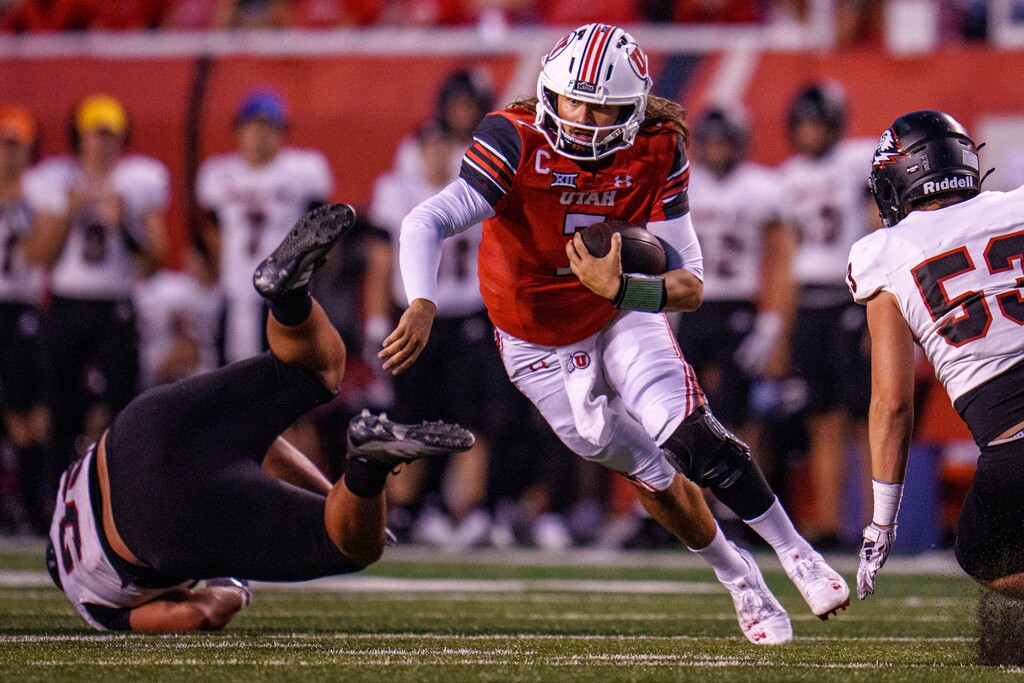 (Trent Nelson | The Salt Lake Tribune) Utah Utes quarterback Cameron Rising (7) runs the ball as the Utah Utes host the Southern Utah Thunderbirds, NCAA football in Salt Lake City on Thursday, Aug. 29, 2024.