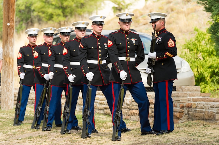 (Alex Gallivan  |  Special to The Tribune) Marine Pfc. Robert K. Holmes, who died 77 years ago aboard the USS Oklahoma during the attack on Pearl Harbor, is laid to rest in the Salt Lake City Cemetery, Monday, Aug. 20, 2018.