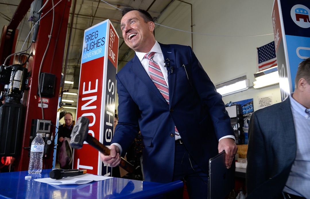 (Francisco Kjolseth  |  The Salt Lake Tribune) In reference to his time as former House Speaker Greg Hughes says "we are adjourned," as he slams a hammer on a tool box following announcing his campaign for governor at Dee's Automotive in Murray on Wednesday, Jan. 8, 2020.