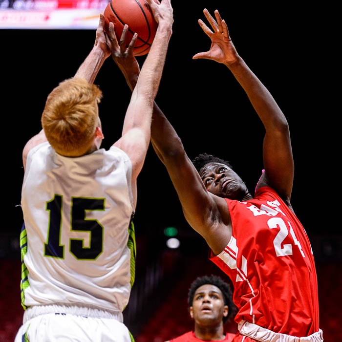 (Trent Nelson | The Salt Lake Tribune)  East vs. Timpanogos, 5A State high school basketball tournament at the Huntsman Center in Salt Lake City, Wednesday Feb. 28, 2018. Timpanogos's Tyler Walker (15) and East's Andre Mulibea (24).