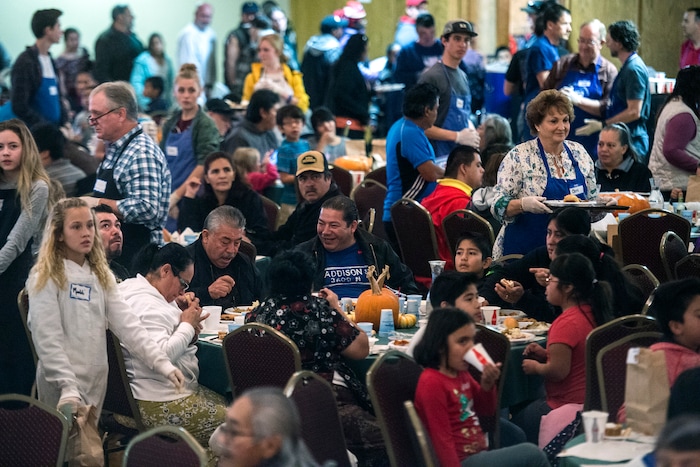 (Chris Detrick  |  The Salt Lake Tribune)  People eat during the annual Thanksgiving Day dinner at the Holy Trinity Cathedral in Salt Lake City  Thursday, November 23, 2017.  